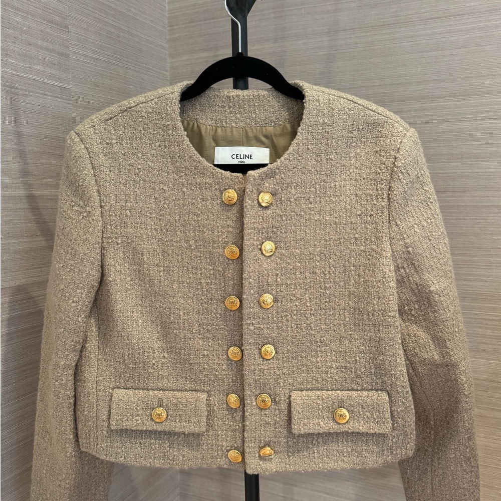 Celine Beige Textured Blazer with Gold Accents